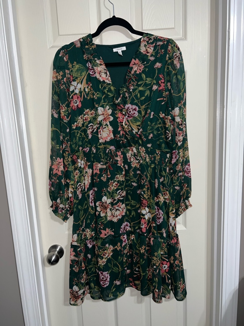 Maurices Emerald Green Floral Wrap-Style Long Sheer Sleeve Dress
